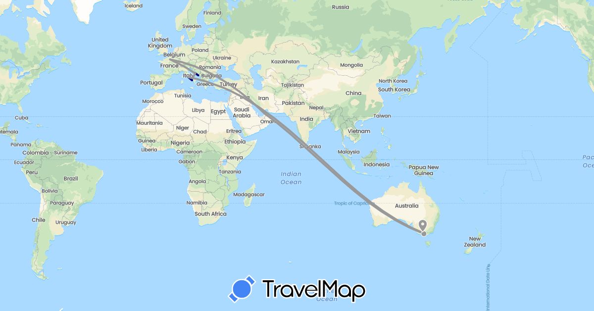 TravelMap itinerary: driving, plane in United Arab Emirates, Australia, France, Croatia, Italy (Asia, Europe, Oceania)